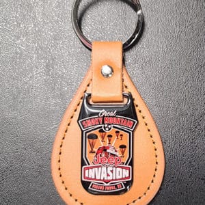 Teardrop Tan Leather Key Fob with Great Smoky Mountain Jeep Club Invasion Logo